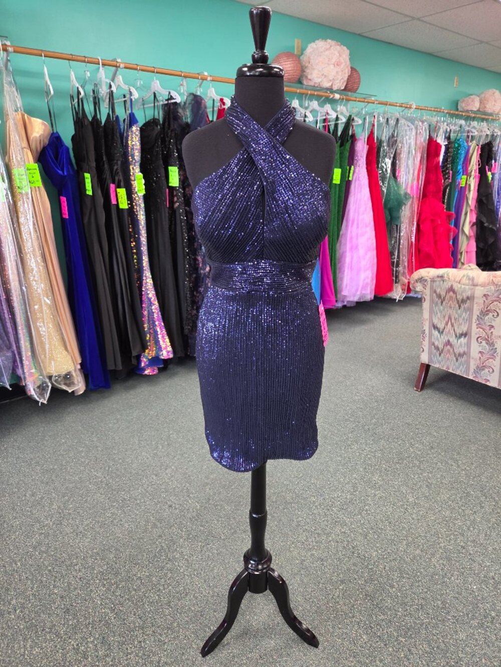 Homecoming Short Dress Private Label Maura Size 8 Navy Blue Sequin Formal